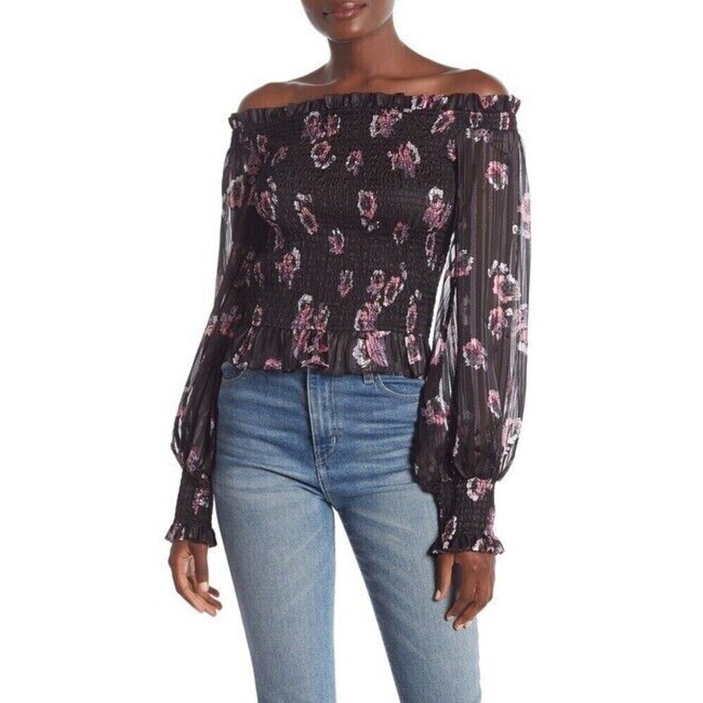 WAYF WOMENS XS Black Purple Lurex Floral Off-The-Shoulder Silky Smocked Blouse